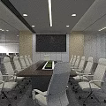 Modern Conference Room With Long Wooden Table White Office Chairs Large Screen And Ceiling Lighting