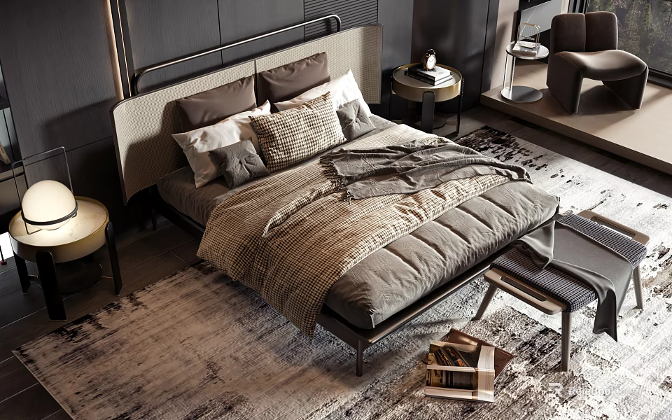 Modern Double Bed Interior With Stylish Headboard Bedding Pillows Rug And Accent Chair 3d model 