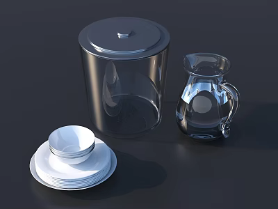 Modern Dinnerware Set With Transparent Jar With Lid Pitcher White Plates And Bowl 3d model