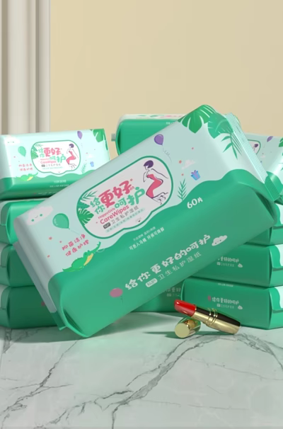 Soft Sanitary Pads In Green Packaging Stacked For Daily Use With Lipstick Accent 3d model