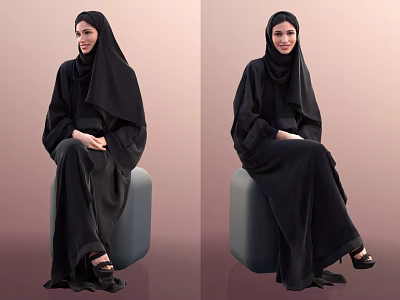 Woman Wearing Black Abaya And Hijab Sitting On Gray Cube Against Soft Pink Background 3d model