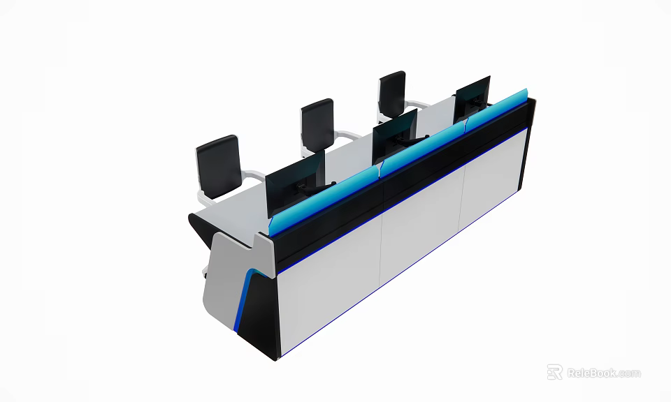Modern Office Work Desk With Multiple Monitors Blue Accents And Sleek Design 3d model 