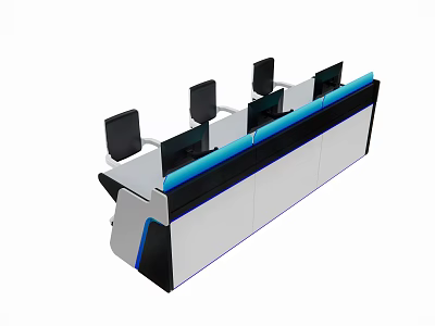 Modern Office Work Desk With Multiple Monitors Blue Accents And Sleek Design 3d model