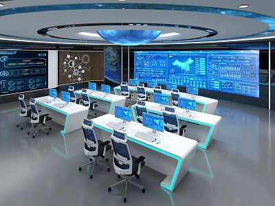 High Tech Control Room with Multiple Computer Screens and Modern Ergonomic Monitoring Desks 3d model