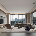 Modern Minimalist Living Room Interior With Large Windows Mountain View Sofa And Armchair