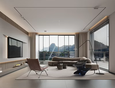 Modern Minimalist Living Room Interior With Large Windows Mountain View Sofa And Armchair 3d model