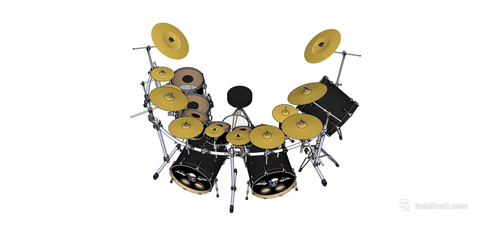 Complete Black Drum Set Musical Instruments Featuring Multiple Drums Golden Cymbals And Metal Stands 3d model 