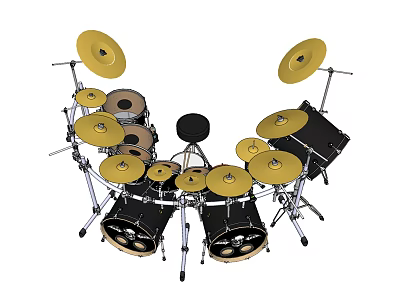 Complete Black Drum Set Musical Instruments Featuring Multiple Drums Golden Cymbals And Metal Stands 3d model
