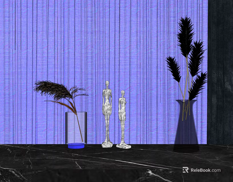 Purple Background Vase Display With Feather Plants And Transparent Ornaments On Marble Countertop 3d model 