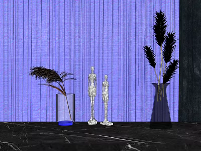 Purple Background Vase Display With Feather Plants And Transparent Ornaments On Marble Countertop 3d model