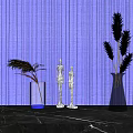 Purple Background Vase Display With Feather Plants And Transparent Ornaments On Marble Countertop