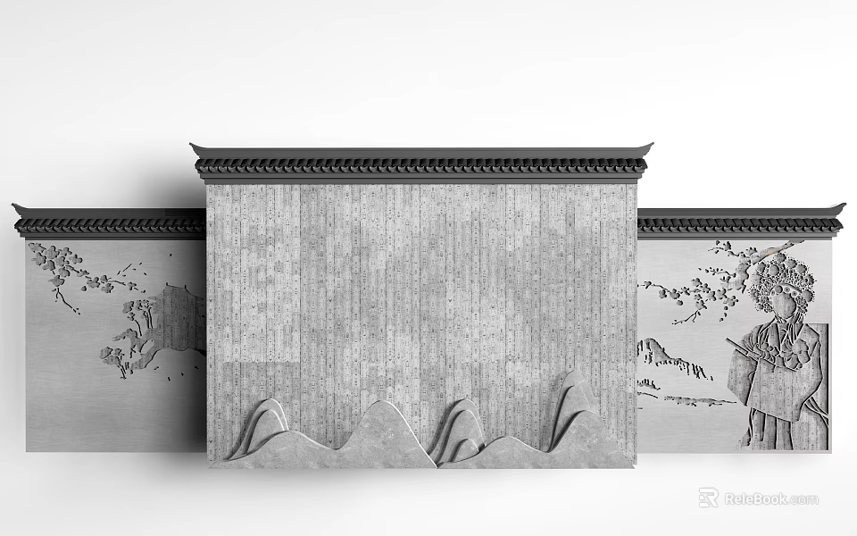 Traditional Chinese Partition with Gray Brick Wall Landscape Patterns Eaves and Mountain Shaped Decorations 3d model 