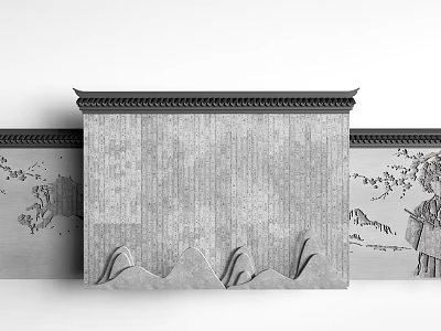 Traditional Chinese Partition with Gray Brick Wall Landscape Patterns Eaves and Mountain Shaped Decorations 3d model