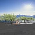 Modern Pergola Design With Seating Areas And Green Trees In Urban Plaza