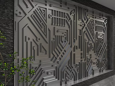 3D Circuit Pattern Textured Gray Metal Wall Design For Contemporary Interior Background 3d model