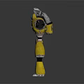 Yellow And Silver Game Movie Robot Character With Glowing Blue Green Lights And Mechanical Arms