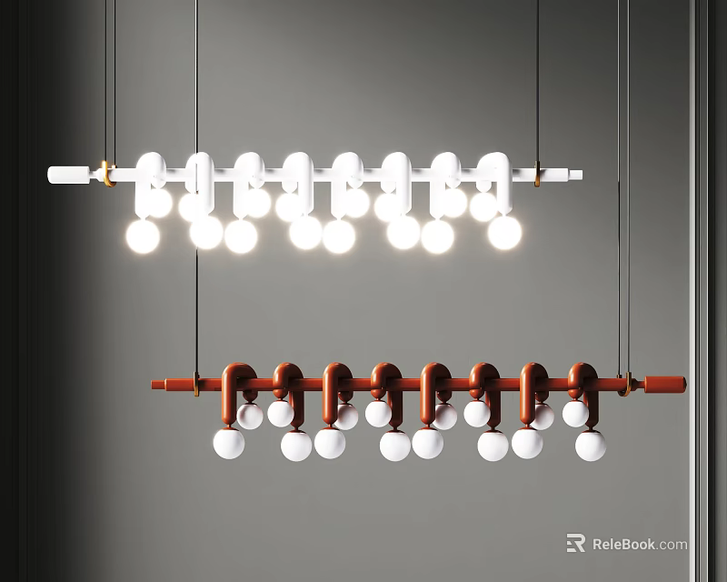 Stylish Modern Pendant Light Design With White And Red Rods And Multiple White Globe Bulbs 3d model 