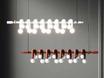 Stylish Modern Pendant Light Design With White And Red Rods And Multiple White Globe Bulbs 3d model