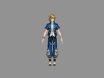 Game Movie Character With Blonde Hair Blue Outfit Featuring Golden Decorations In Standing Pose 3d model