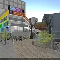 Vibrant Commercial Street With Crowded Shoppers Shops Escalators Lighthouse And Colorful Decorations
