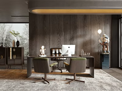 Modern Study Room Interior With Wooden Wall Desk Chairs Computer And Decorative Rug 3d model