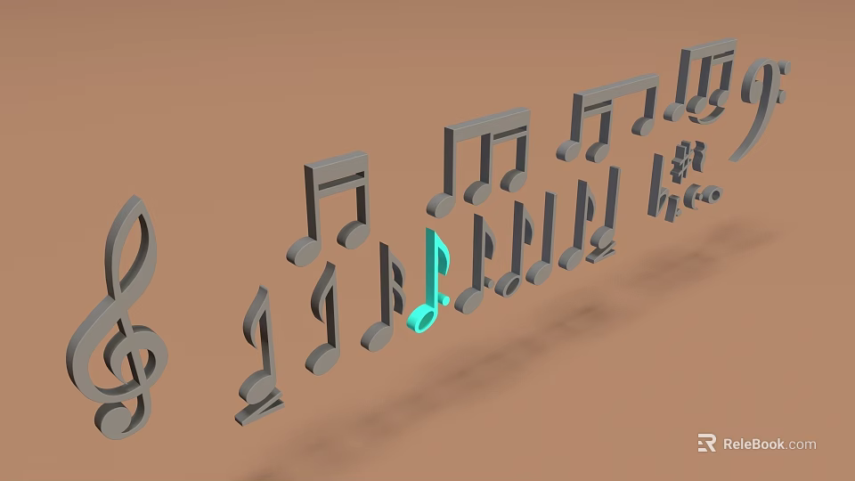 Musical Notes Artistic Tools with Gray Notes and Green Accent on Brown Background 3d model