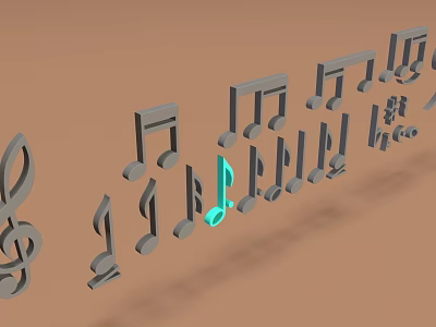 Musical Notes Artistic Tools with Gray Notes and Green Accent on Brown Background 3d model