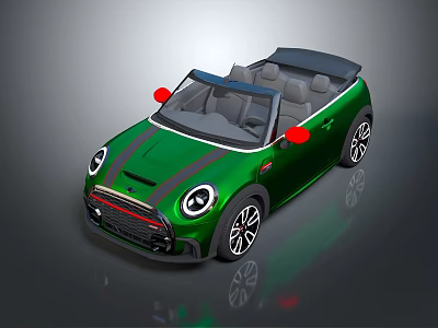 Green Compact Convertible Car With Black Roof Red Side Mirrors And Round Headlights 3d model