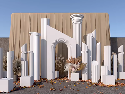 Elegant Photo Check In Spot With White Columns Archway Beige Backdrop And Dried Flower Decorations 3d model