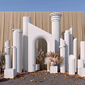 Elegant Photo Check In Spot With White Columns Archway Beige Backdrop And Dried Flower Decorations
