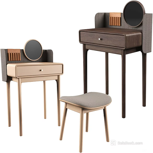 Minimalist Dressing Tables With Round Mirrors Drawers And Matching Stool 3d model