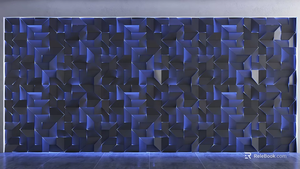 Modern Sofa Backdrop Wall With Geometric 3D Patterns And Blue Lighting 3d model 