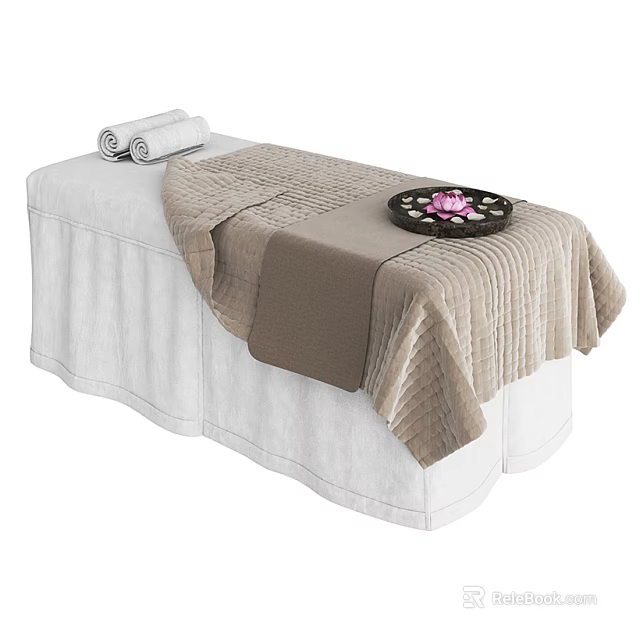 Comfortable Massage Bed With Soft Blanket Cozy Towels And Decorative Tray Of Pink Flowers 3d model 
