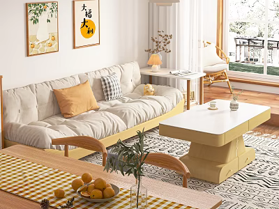Beige Two-Seater Sofa with Orange and Checkered Pillows in Modern Living Room with Coffee Table 3d model
