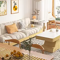 Beige Two-Seater Sofa with Orange and Checkered Pillows in Modern Living Room with Coffee Table