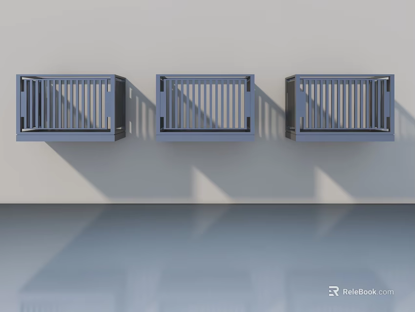 Three Modern Gray Metal Swing Doors With Railing Design Mounted On White Wall 3d model