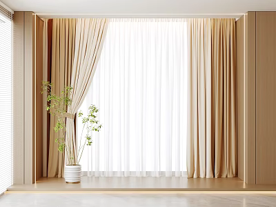 Beige Curtains With White Sheer Layer And Potted Plant In Modern Bright Room Interior 3d model