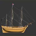 Detailed Yellow Model Ship With Masts Sails And British Flag 3d model