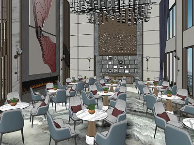 Stylish Lounge Area Interior With Gray Chairs Marble Tables Decorative Painting And Chandelier 3d model