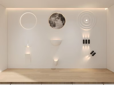 Modern Lighting Combination With Circular Moon Shaped Spiral Wall Mounted And Hanging Fixtures 3d model