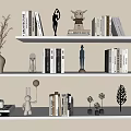 Decorative Ornament Combination Display On Home Shelves With Books Sculptures Figurines Camera And Vase