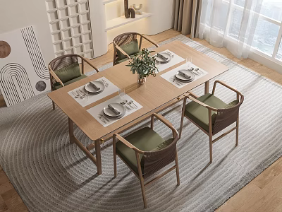 Modern Wooden Dining Table Set With 4 Rattan Chairs And Floral Vase On Rug 3d model
