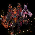 Anime Game Character With Long Purple Hair Standing Beside Fiery Armored Monster With Sparks