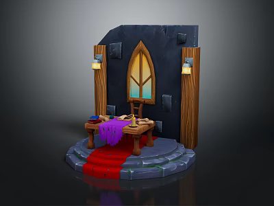 Medieval Wooden Furniture Table With Arched Window Red Carpet Stone Steps And Wall Lanterns 3d model