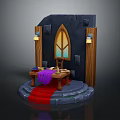 Medieval Wooden Furniture Table With Arched Window Red Carpet Stone Steps And Wall Lanterns