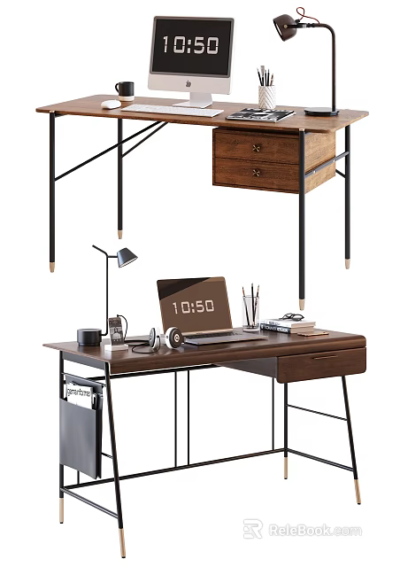 Modern Wooden Desk With Laptop Table Lamp Stationery And Storage Drawer 3d model 