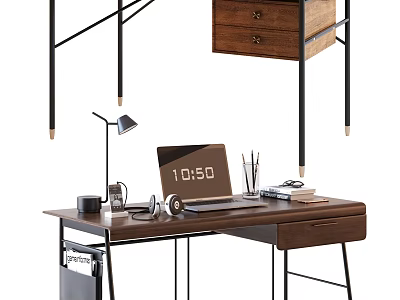 Modern Wooden Desk With Laptop Table Lamp Stationery And Storage Drawer 3d model