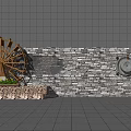 Rustic Stone Feature Wall Design With Wooden Waterwheel And Round Decorative Disk 3d model