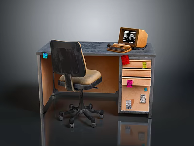 Wooden Office Desk With Chair Laptop And Sticky Notes On Drawers 3d model