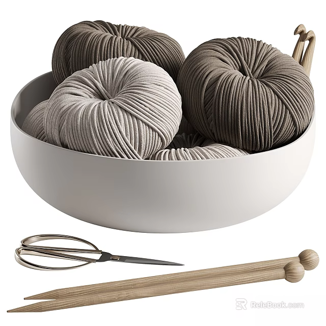 Stylish Decorative Ornament Set With Yarn Balls White Bowl Scissors And Wooden Sticks 3d model 